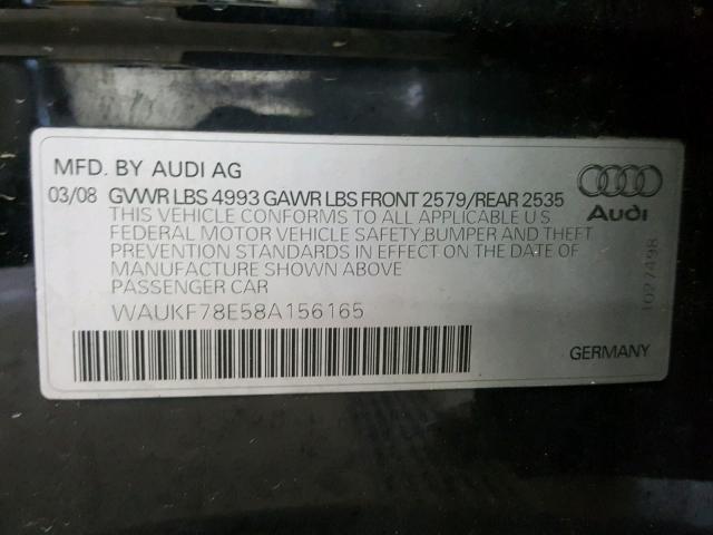 WAUKF78E58A156165 - 2008 AUDI A4 2.0T AV BLACK photo 10