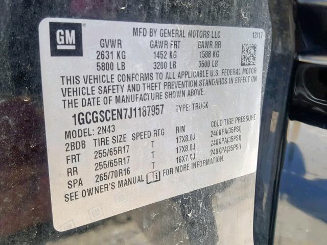 1GCGSCEN7J1187957 - 2018 CHEVROLET COLORADO L BLACK photo 10