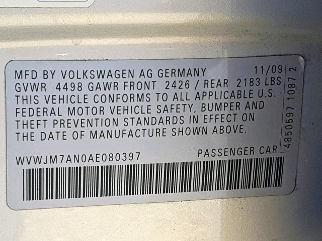 WVWJM7AN0AE080397 - 2010 VOLKSWAGEN PASSAT KOM SILVER photo 10