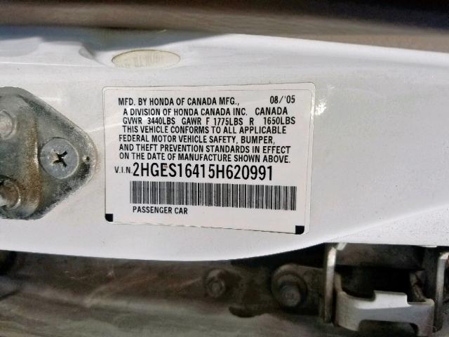 2HGES16415H620991 - 2005 HONDA CIVIC DX WHITE photo 10