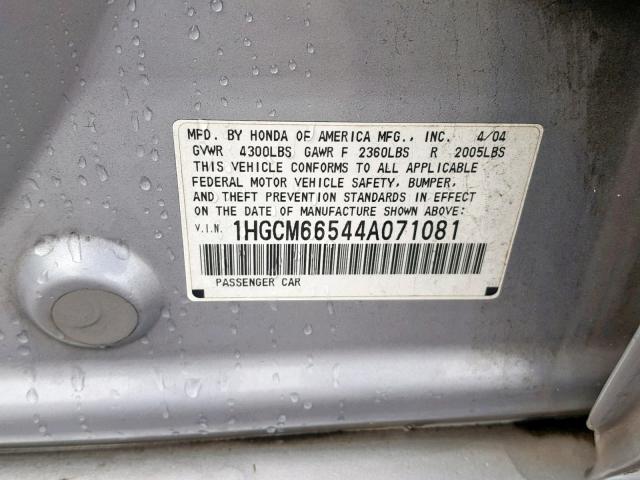 1HGCM66544A071081 - 2004 HONDA ACCORD EX SILVER photo 10