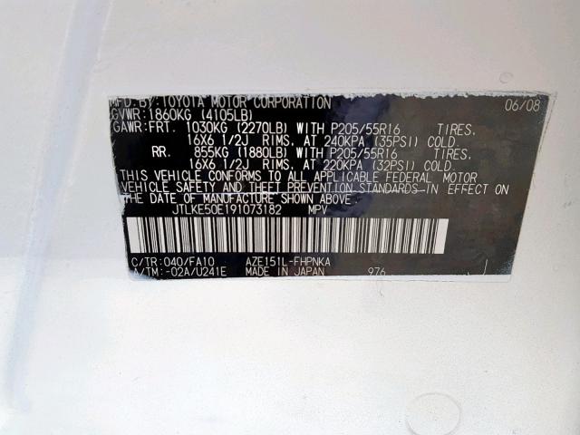 JTLKE50E191073182 - 2009 TOYOTA SCION XB 白色 照片 10