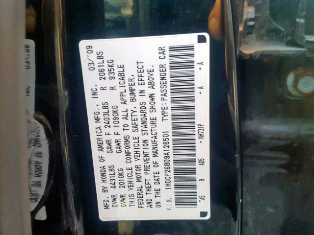 1HGCP26809A126501 - 2009 HONDA ACCORD EXL BLACK photo 10