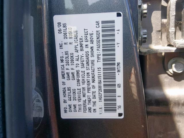 1HGCP26818A151115 - 2008 HONDA ACCORD EXL GRAY photo 10