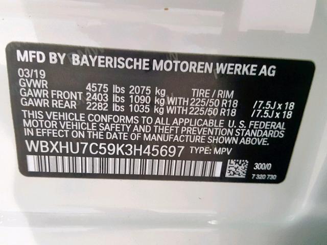 WBXHU7C59K3H45697 - 2019 BMW X1 SDRIVE2 WHITE photo 10