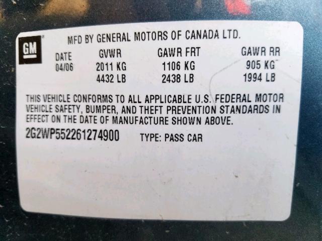 2G2WP552261274900 - 2006 PONTIAC GRAND PRIX BLUE photo 10