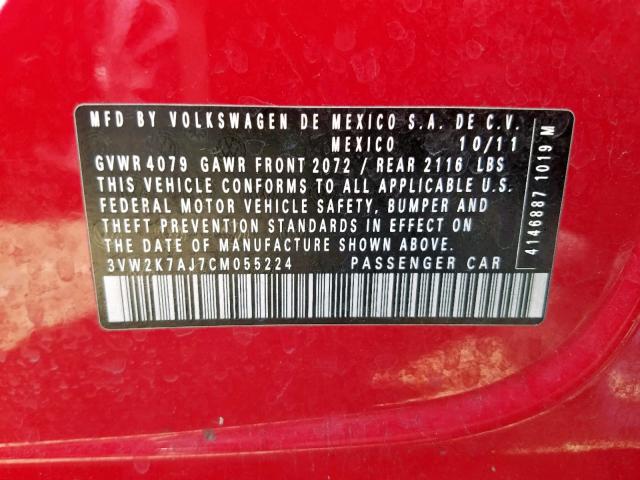 3VW2K7AJ7CM055224 - 2012 VOLKSWAGEN JETTA BASE 红色 照片 10