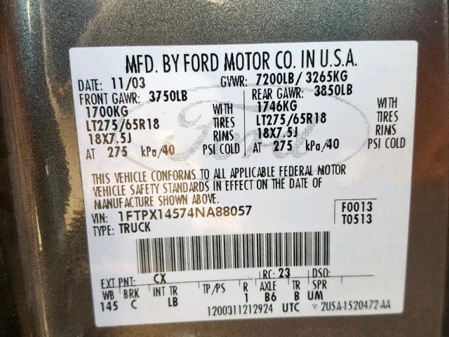 1FTPX14574NA88057 - 2004 FORD F150 GRAY photo 10