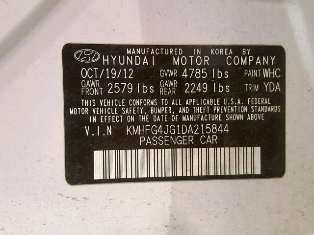 KMHFG4JG1DA215844 - 2013 HYUNDAI AZERA WHITE photo 10