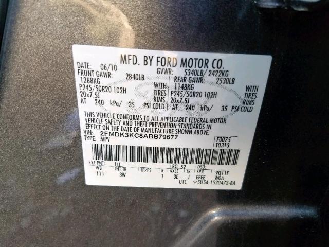 2FMDK3KC8ABB79677 - 2010 FORD EDGE LIMIT GRAY photo 10