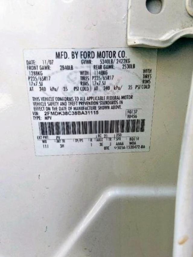 2FMDK38C38BA31115 - 2008 FORD EDGE SEL WHITE photo 10