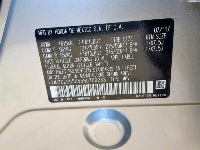 3CZRU5H55HG709288 - 2017 HONDA HR-V EX SILVER photo 10