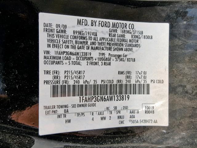 1FAHP3GN6AW133819 - 2010 FORD FOCUS SES BLACK photo 10