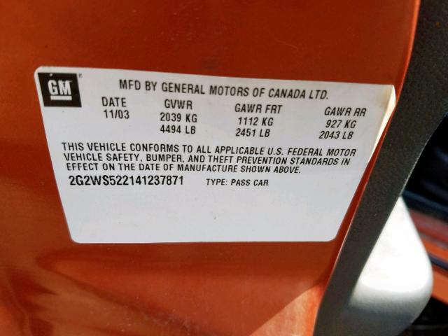 2G2WS522141237871 - 2004 PONTIAC GRAND PRIX ORANGE photo 10