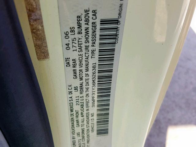 3VWPF31Y36M326381 - 2006 VOLKSWAGEN NEW BEETLE ყვითელი ფოტო 10