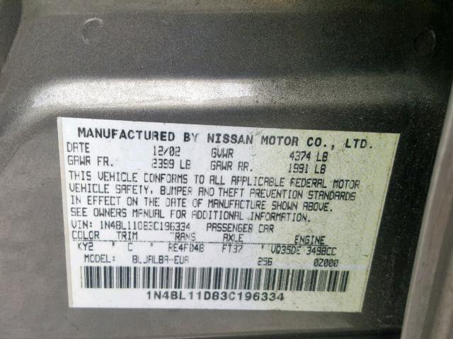 1N4BL11D83C196334 - 2003 NISSAN ALTIMA SE BROWN photo 10