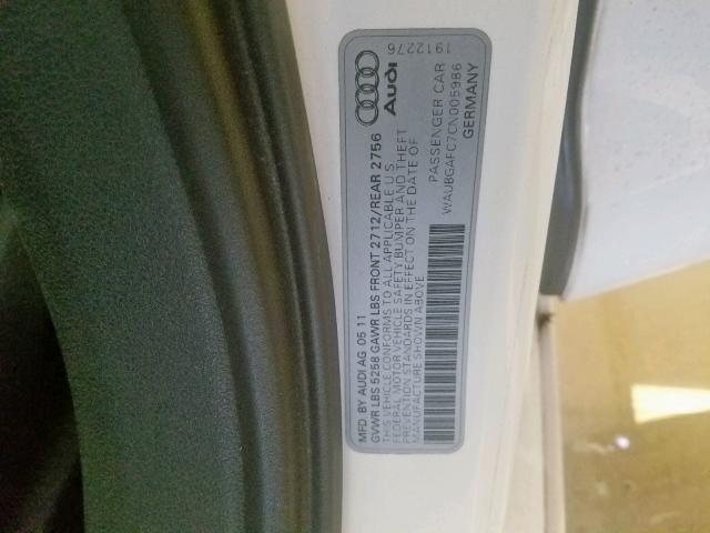 WAUBGAFC7CN005986 - 2012 AUDI A6 WHITE photo 10