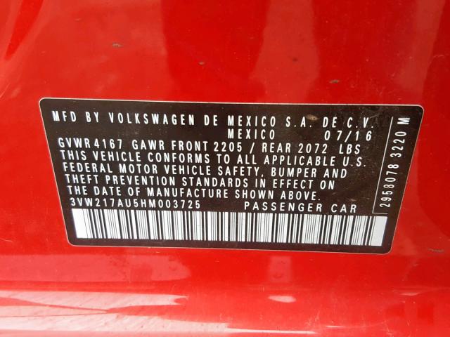 3VW217AU5HM003725 - 2017 VOLKSWAGEN GOLF S RED photo 10