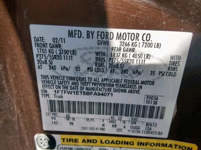 1FTFW1ET5BFA94071 - 2011 FORD F150 CREW BROWN photo 10
