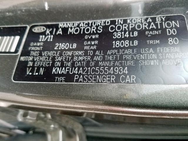 KNAFU4A21C5554934 - 2012 KIA FORTE EX GRAY photo 10