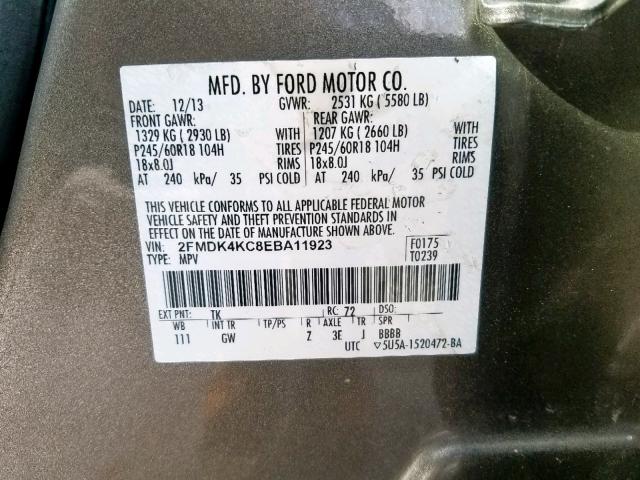 2FMDK4KC8EBA11923 - 2014 FORD EDGE LIMIT GRAY photo 10