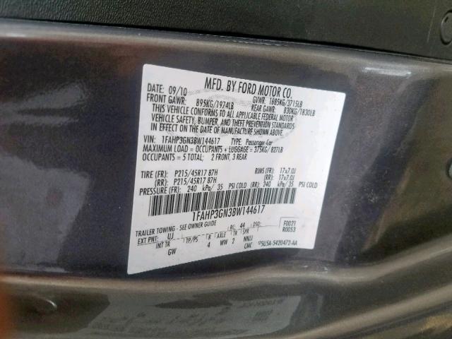 1FAHP3GN3BW144617 - 2011 FORD FOCUS SES GRAY photo 10