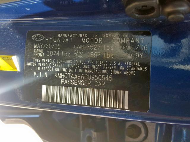 KMHCT4AE6GU950545 - 2016 HYUNDAI ACCENT SE BLUE photo 10