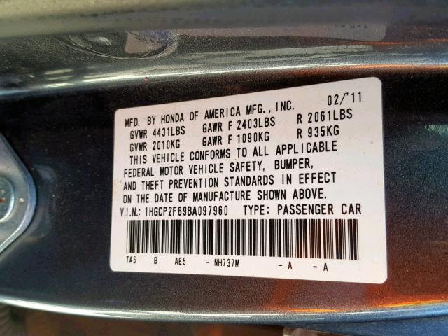 1HGCP2F89BA097960 - 2011 HONDA ACCORD EXL GRAY photo 10