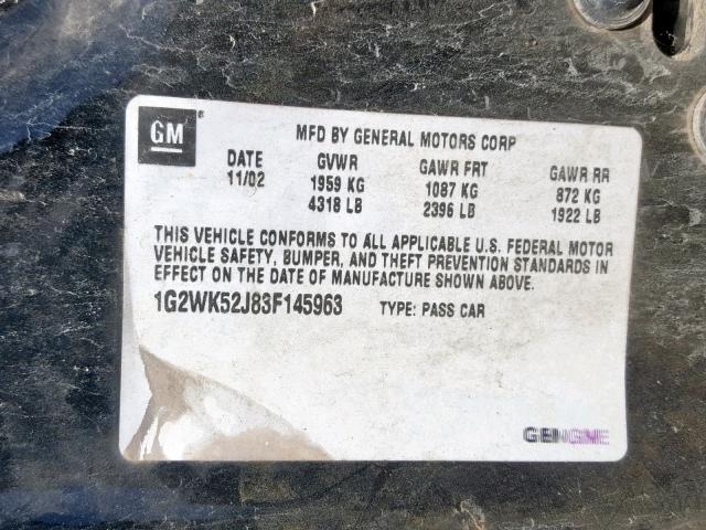 1G2WK52J83F145963 - 2003 PONTIAC GRAND PRIX BLACK photo 10