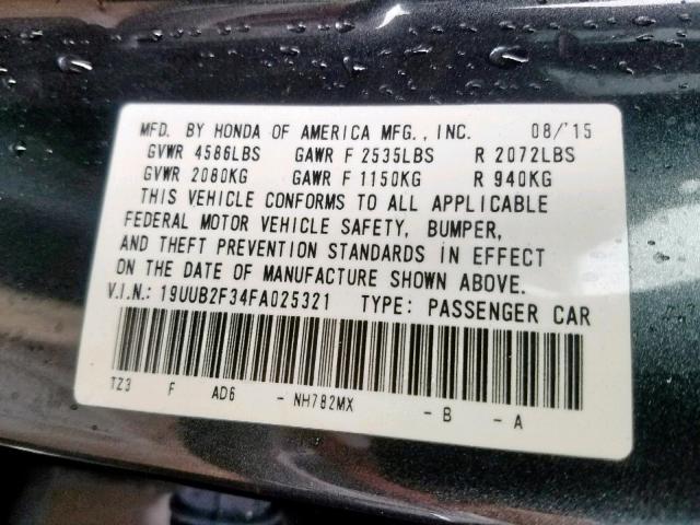 19UUB2F34FA025321 - 2015 ACURA TLX GRAY photo 10