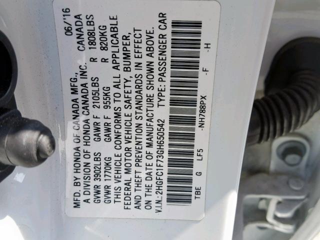 2HGFC1F73GH650542 - 2016 HONDA CIVIC EXL 白色 照片 10