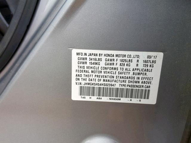 JHMGK5H54HS023947 - 2017 HONDA FIT LX SILVER photo 10