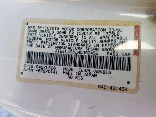 JT2EL46B1M0092456 - 1991 TOYOTA TERCEL STD WHITE photo 10