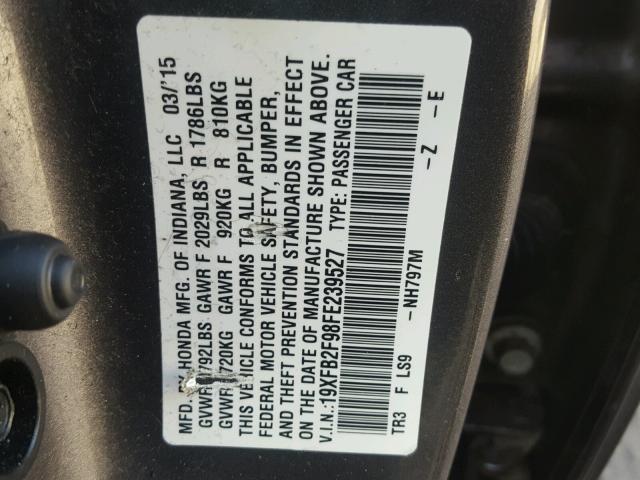 19XFB2F98FE239527 - 2015 HONDA CIVIC EXL GRAY photo 10