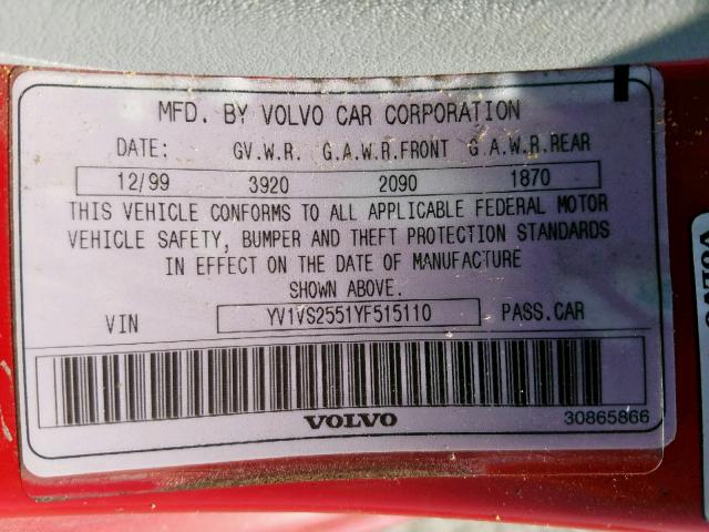 YV1VS2551YF515110 - 2000 VOLVO S40 RED photo 10