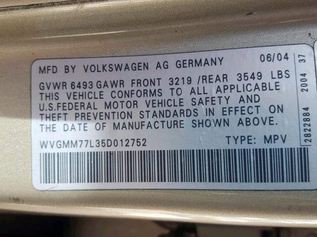 WVGMM77L35D012752 - 2005 VOLKSWAGEN TOUAREG 4. GOLD photo 10