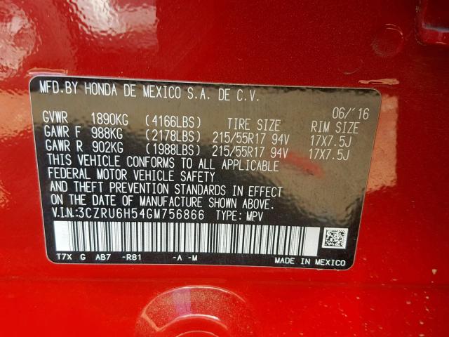 3CZRU6H54GM756866 - 2016 HONDA HR-V EX RED photo 10