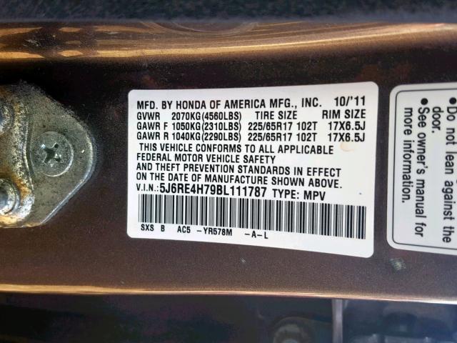 5J6RE4H79BL111787 - 2011 HONDA CR-V EXL BROWN photo 10