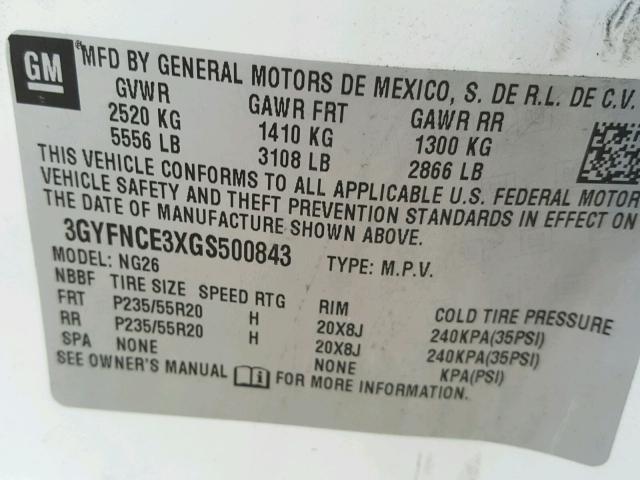 3GYFNCE3XGS500843 - 2016 CADILLAC SRX PERFOR 白色 照片 10