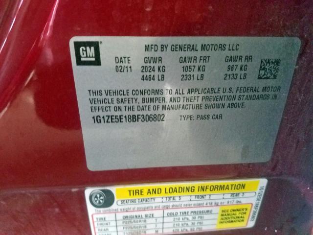 1G1ZE5E18BF306802 - 2011 CHEVROLET MALIBU LTZ წითელი ფოტო 10