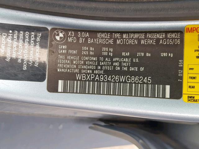 WBXPA93426WG86245 - 2006 BMW X3 3.0I BLUE photo 10