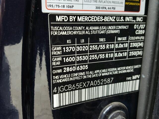 4JGCB65EX7A052587 - 2007 MERCEDES-BENZ R 350 BLUE photo 10