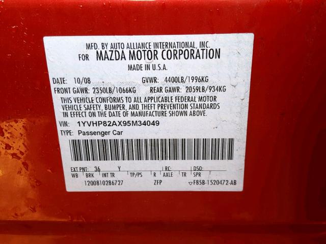 1YVHP82AX95M34049 - 2009 MAZDA 6 I RED photo 10