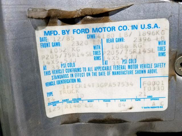 1FTCR14T3GPA57534 - 1986 FORD RANGER SUP SILVER photo 10