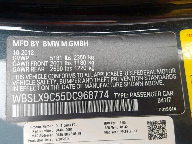 WBSLX9C55DC968774 - 2013 BMW M6 BLACK photo 10