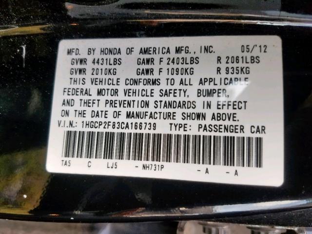 1HGCP2F83CA166739 - 2012 HONDA ACCORD EXL BLACK photo 10