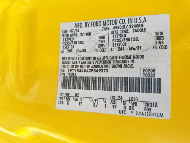 1FTYR44V42PB69373 - 2002 FORD RANGER SUP YELLOW photo 10