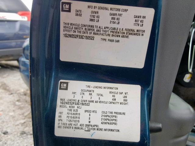 1G2NE52F33C150522 - 2003 PONTIAC GRAND AM S BLUE photo 10