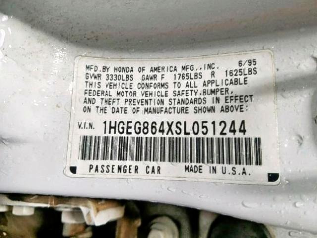 1HGEG864XSL051244 - 1995 HONDA CIVIC DX WHITE photo 10