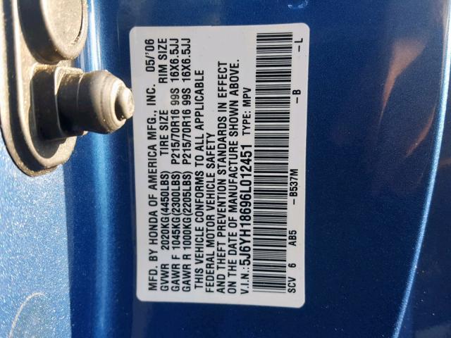 5J6YH18696L012451 - 2006 HONDA ELEMENT EX BLUE photo 10